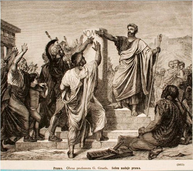 Law – Solon gives laws according to Gustav Graef. Clipping from Kłosy 1880 (2) 380. Polish original: Prawo – Solon nadaje prawa wg Gustava Graefa. Wycinek z Kłosów 1880 (2) 380. Creator: Brend'amour, Franz Robert Richard (1831-1915). Creator role: author. Date: 2nd half of the 19th century. Object Number: MNK III-ryc.-34214/2.